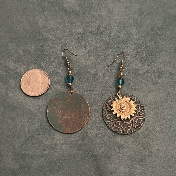 Sunflower Embossed Bronze and Teal earrings - Picture 4 of 6
